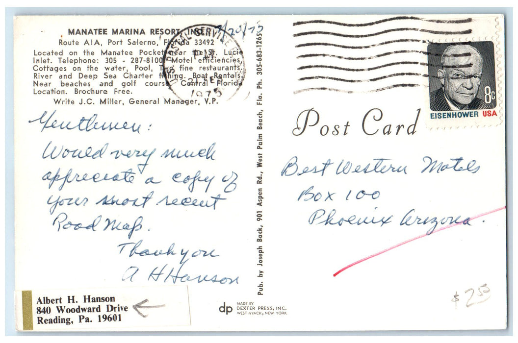 1975 Manatee Marina Resort Inc. Exterior Port Salerno Florida FL Posted Postcard