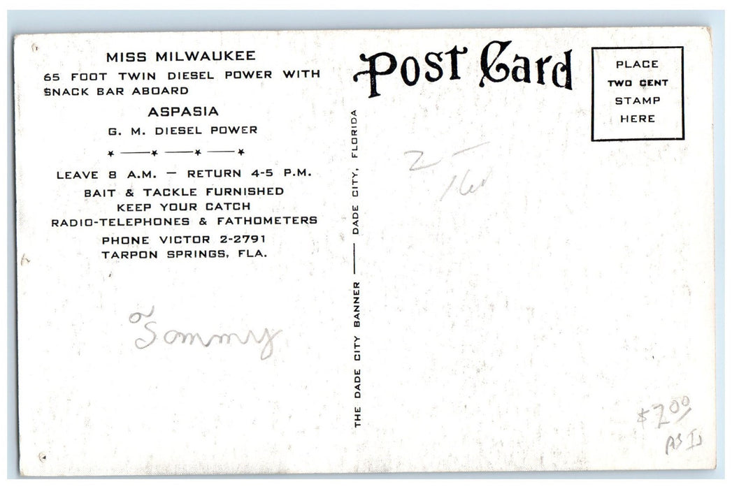 c1960's Miss Milwaukee Deep-Sea Fishing Daily Tarpon Springs Florida FL Postcard