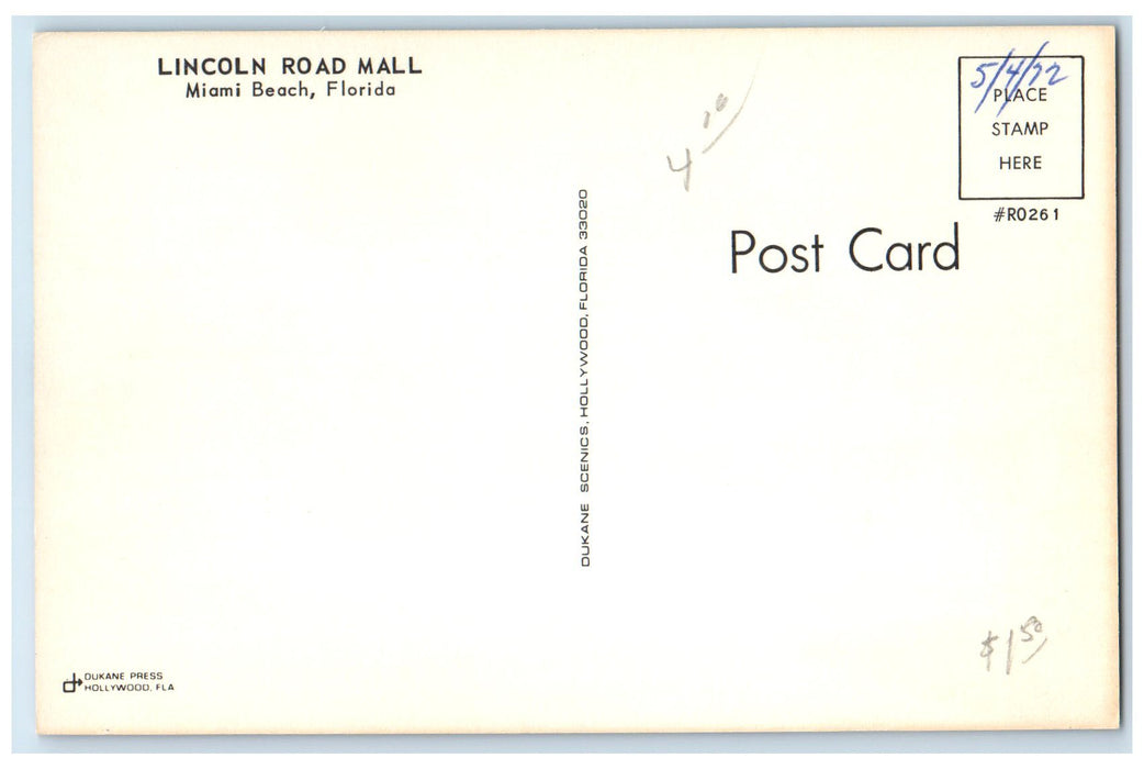 c1960's Lincoln Road Mill Exterior Roadside Miami Florida FL Fountain Postcard