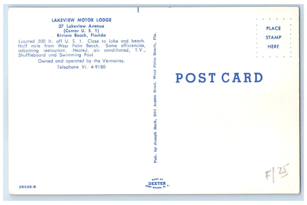 c1950 Lakeview Motor Lodge Motel & Restaurant Riviera Beach Florida FL Postcard