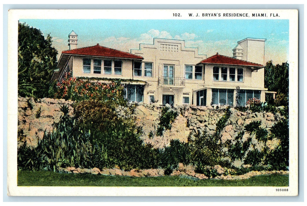 c1940's W. J Bryan's Residence Exterior Trees Miami Florida FL Unposted Postcard