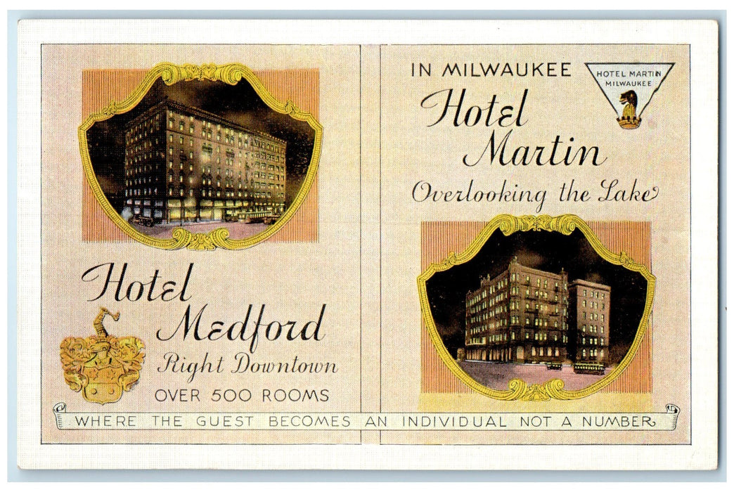c1940s Hotels Medford & Martin Exterior Milwaukee Wisconsin WI Unposted Postcard