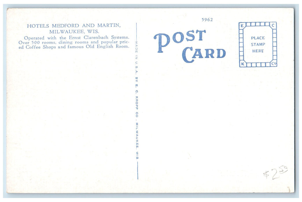 c1940s Hotels Medford & Martin Exterior Milwaukee Wisconsin WI Unposted Postcard