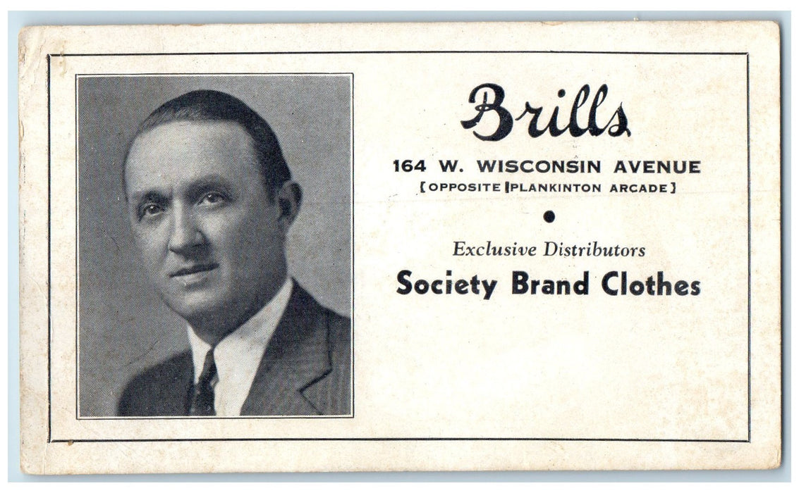 1933 Brills Society Brand Clothing Advertising Milwaukee Wisconsin WI Postcard