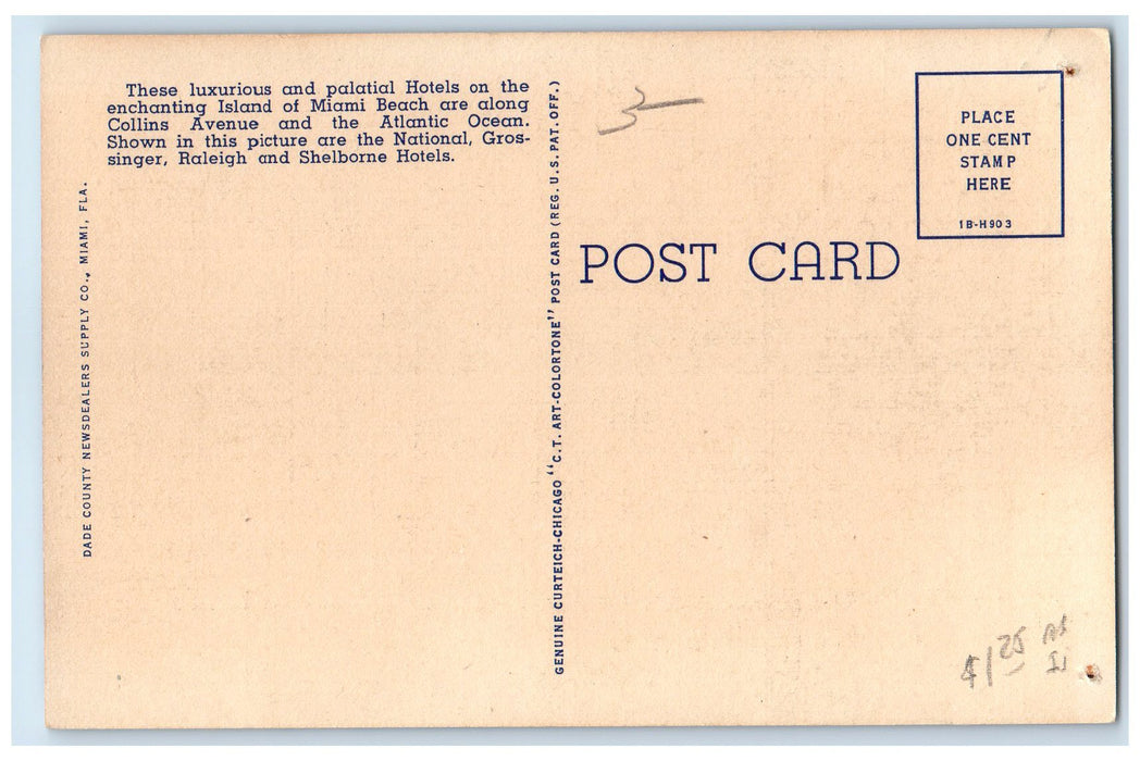 c1940's Palatial Ocean Front Hotels Exterior Miami Beach Florida FL Postcard