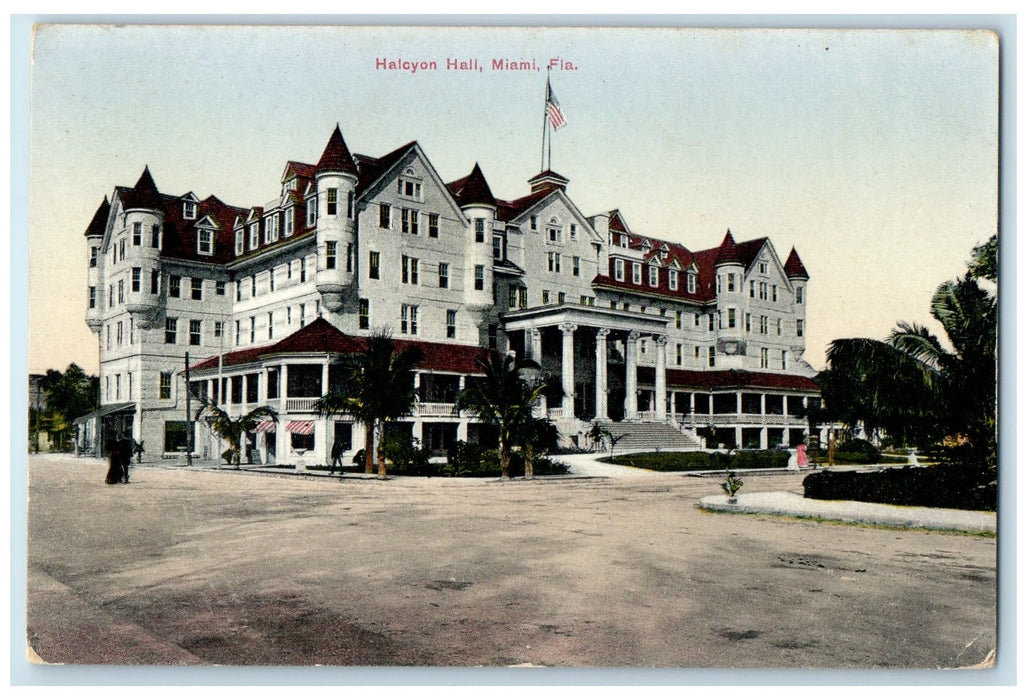 1912 Halcyon Hall Exterior Roadside Flag Scene Miami Florida FL Posted Postcard