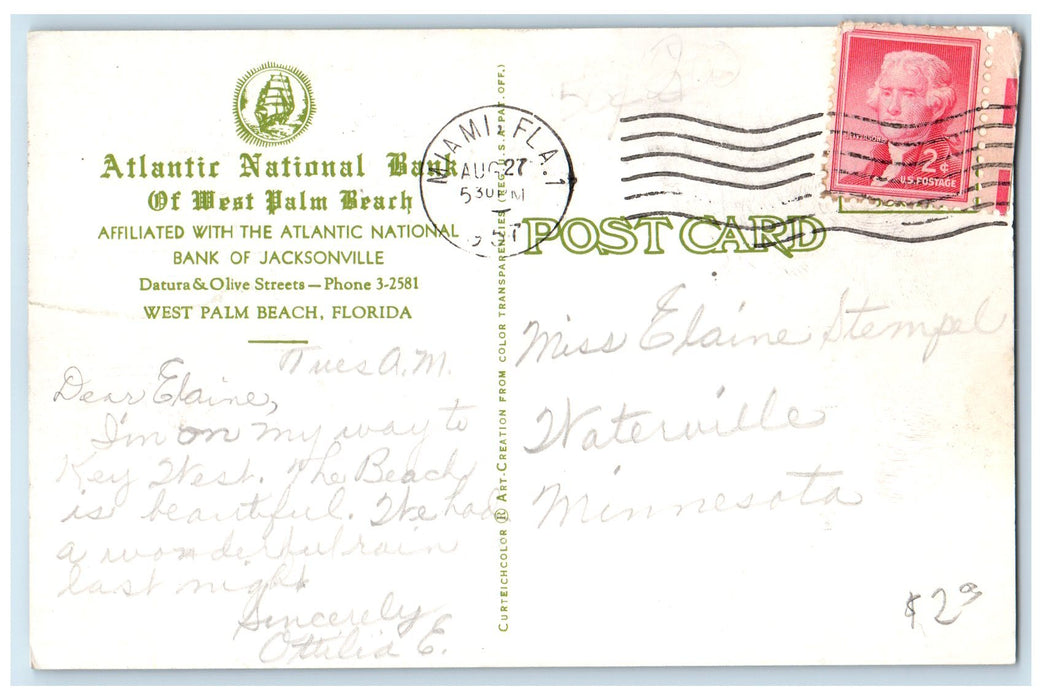 1957 Atlantic National Bank Interior Set Up Of West Palm Beach Florida Postcard