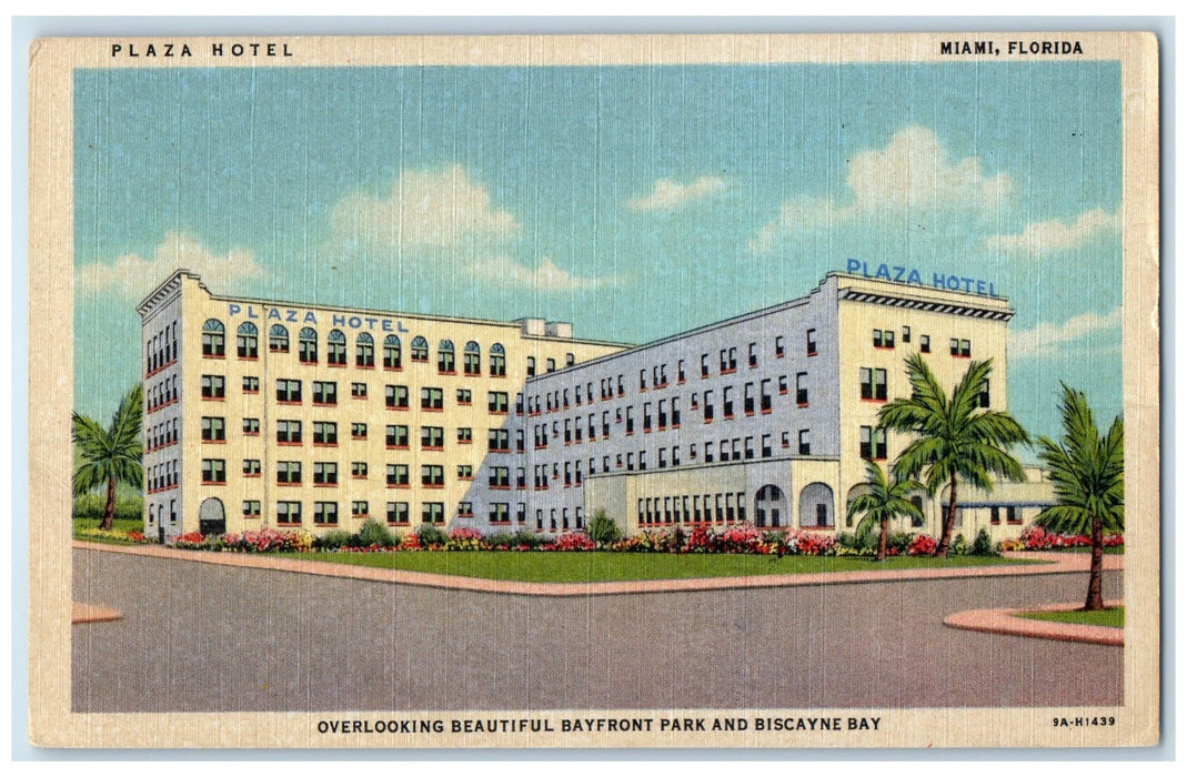 c1940s Plaza Hotel Overlooking Bayfront Park Biscayne Bay Miami Florida Postcard