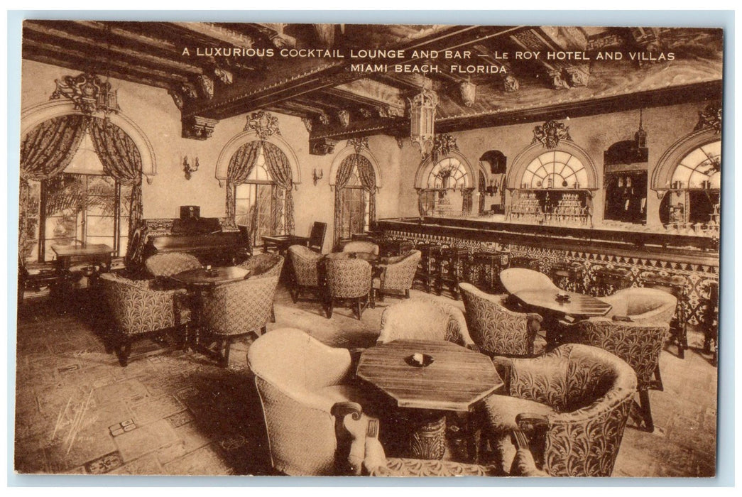 c1905 Cocktail Lounge & Bar Le Roy Hotel & Villas Miami Beach Florida Postcard