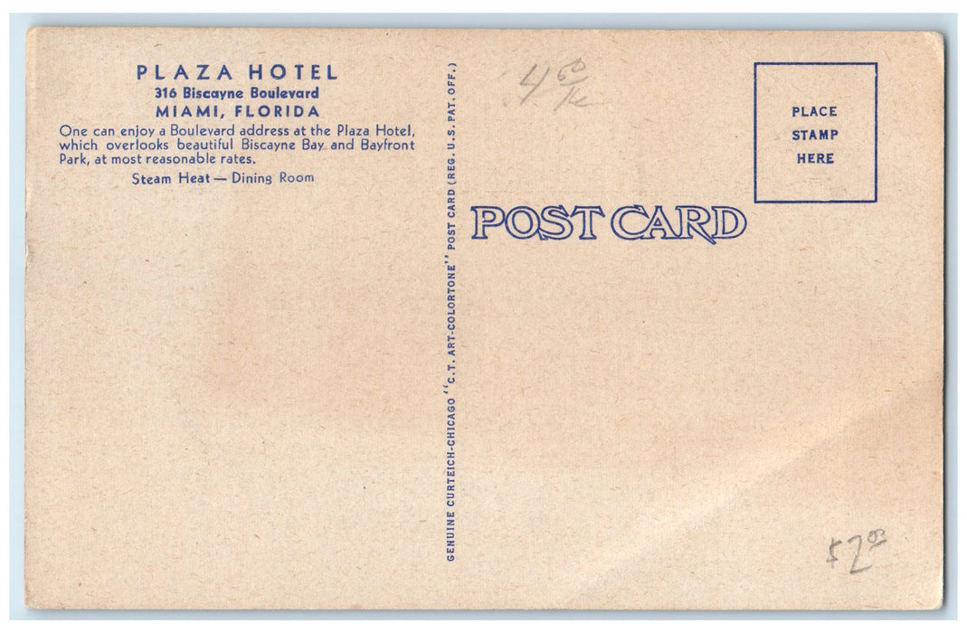 c1940s Plaza Hotel Overlooking Bayfront Park Biscayne Bay Miami Florida Postcard