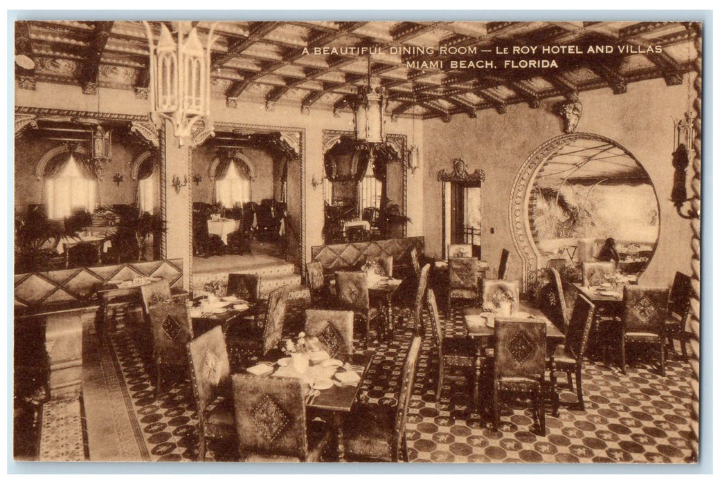 c1905 Dining Room Le Roy Hotel & Villas Restaurant Miami Beach Florida Postcard