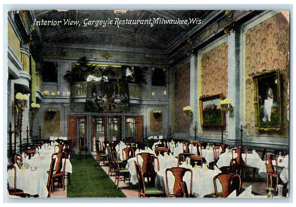 1909 Interior View Gargoyle Restaurant Tables Milwaukee Wisconsin WI Postcard
