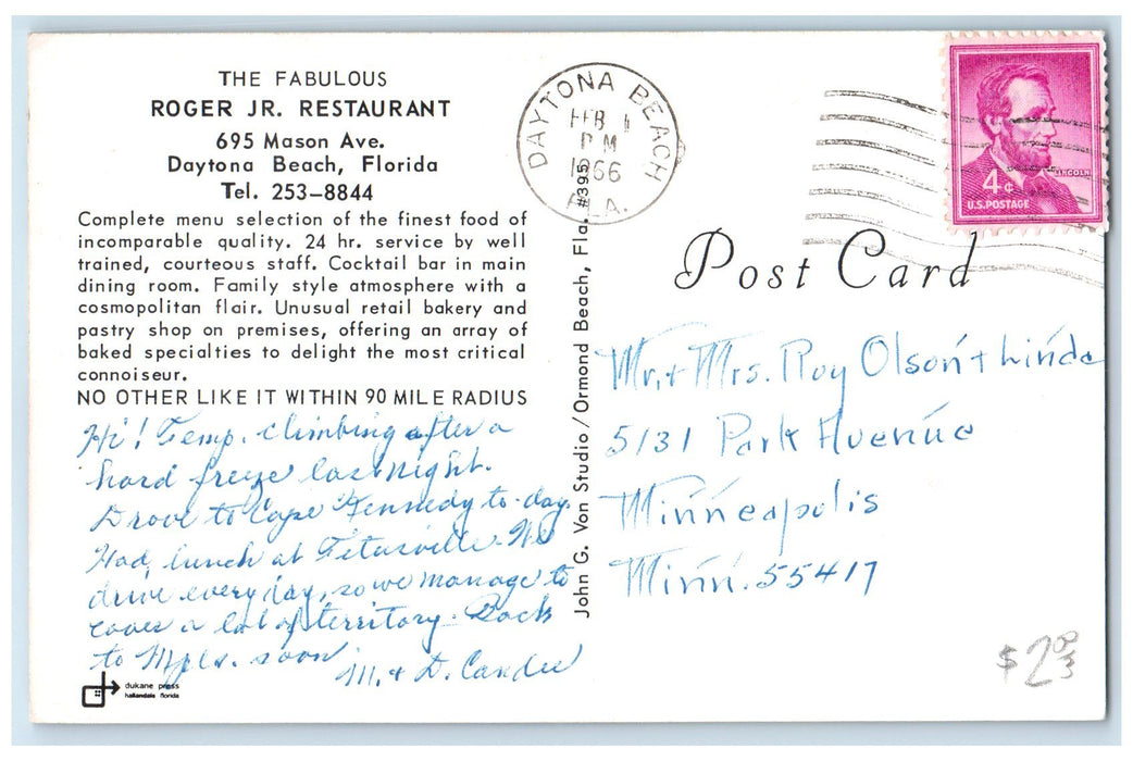 c1950's Roger Jr. Restaurant Multipleview Dining Daytona Beach Florida Postcard