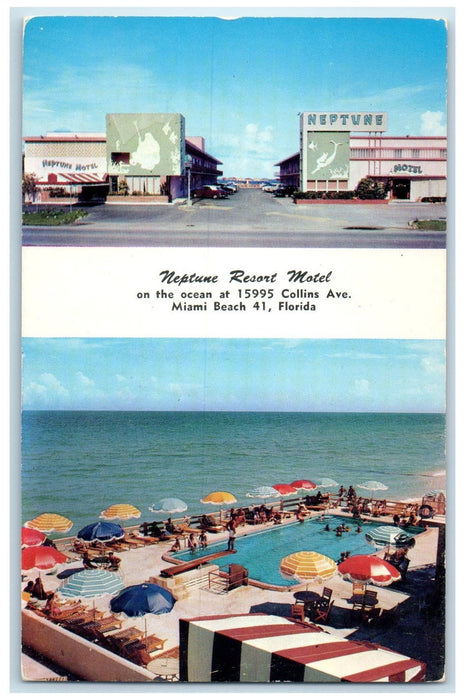c1960's Neptune Resort Motel Swimming Pool Scene Miami Beach Florida FL Postcard