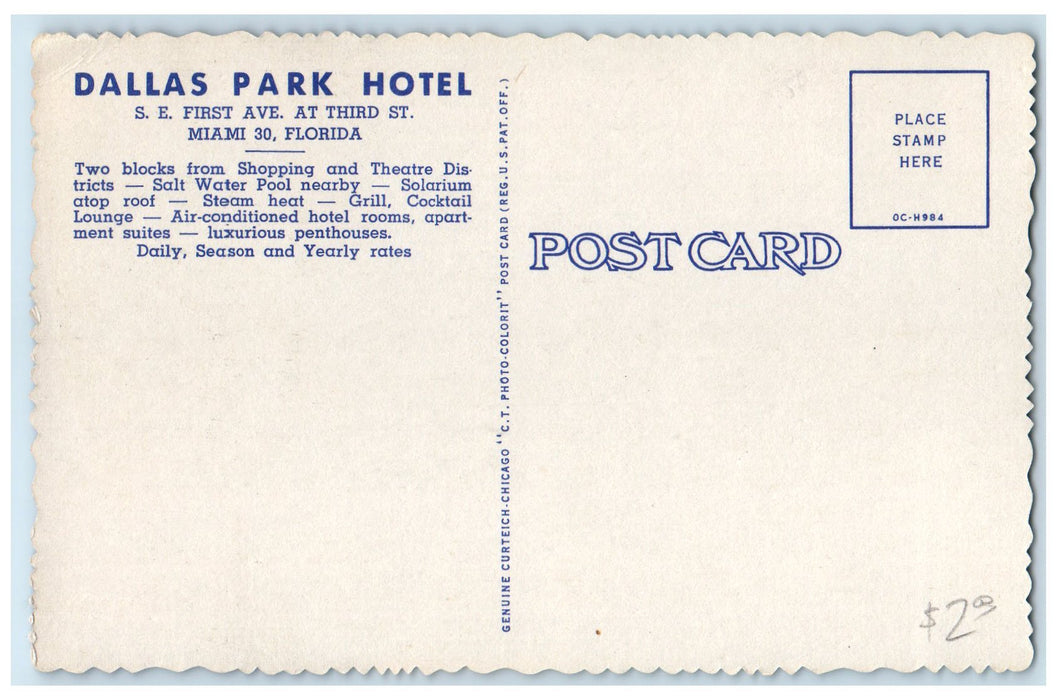 c1940's Dallas Park Hotel Exterior Roadside Miami Florida FL Unposted Postcard