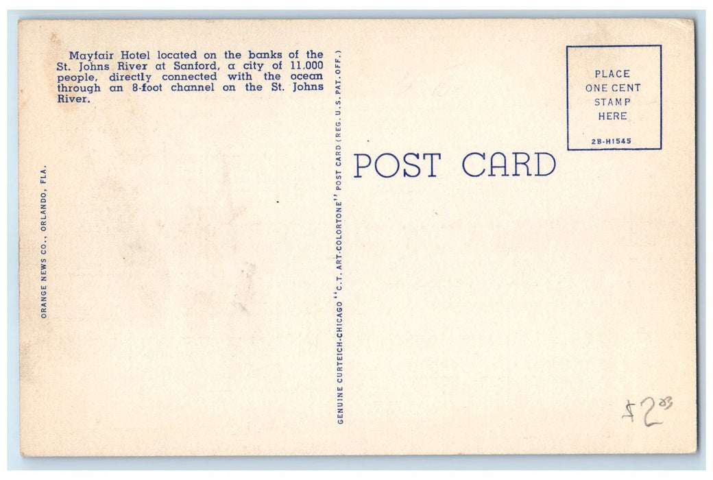 c1940 The Mayfair Hotel & Restaurant Sailboat Building Sanford Florida Postcard
