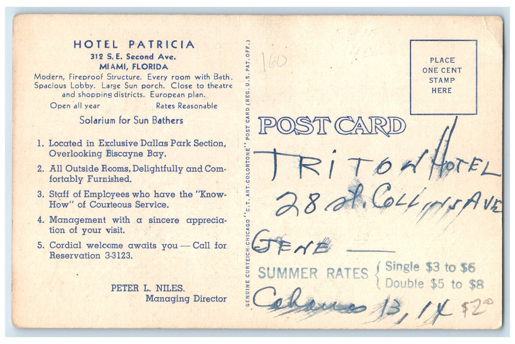 c1940's Hotel Patricia Exterior Roadside Miami Florida FL Unposted Cars Postcard