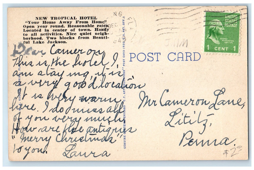 1949 New Tropical Hotel & Restaurant Building Entrance Sebring Florida Postcard