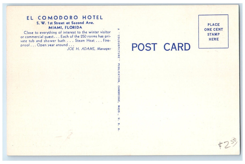 c1940's El Condoro Hotel Exterior Cars Scene Miami Florida FL Unposted Postcard