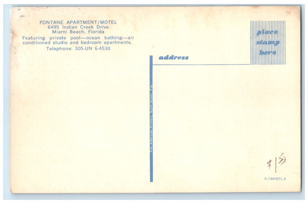 c1960s Fontane Apartment Motel Miami Beach Florida FL Swimming Pool Postcard