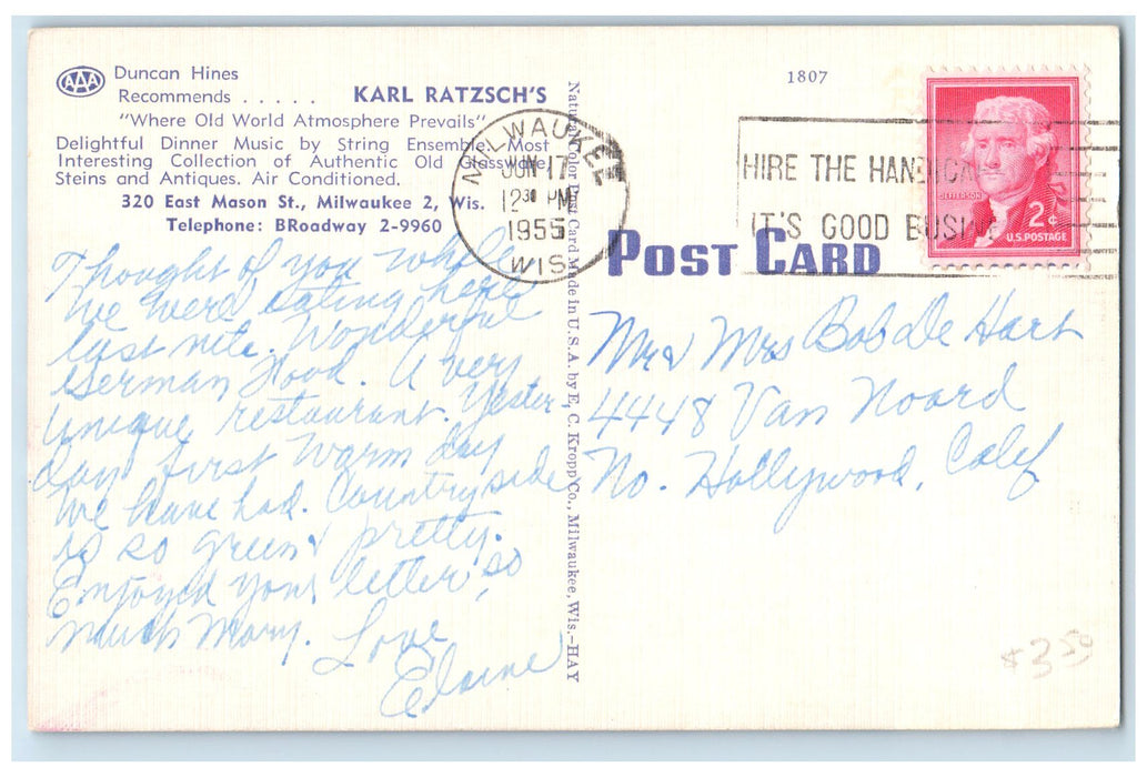1955 Karl Ratzsch's Restaurant Interior Milwaukee Wisconsin WI Posted Postcard