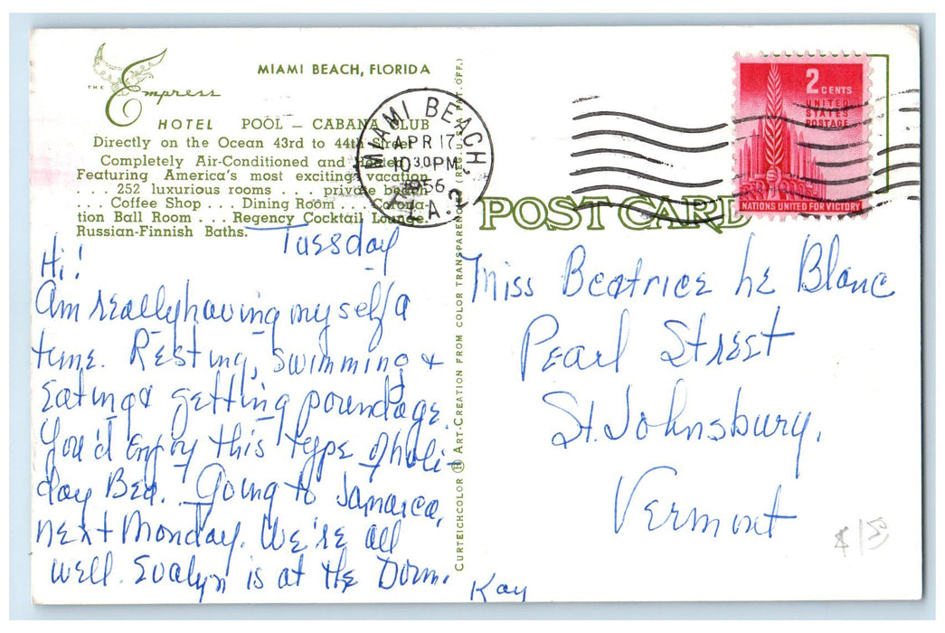 1956 Empress Exterior Roadside Miami Beach Florida FL Swimming Pool Postcard