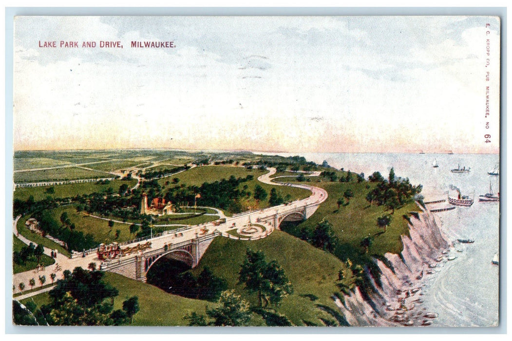 1911 Lake Park & Bridge Milwaukee Wisconsin WI Goodrich Steamship Lines Postcard