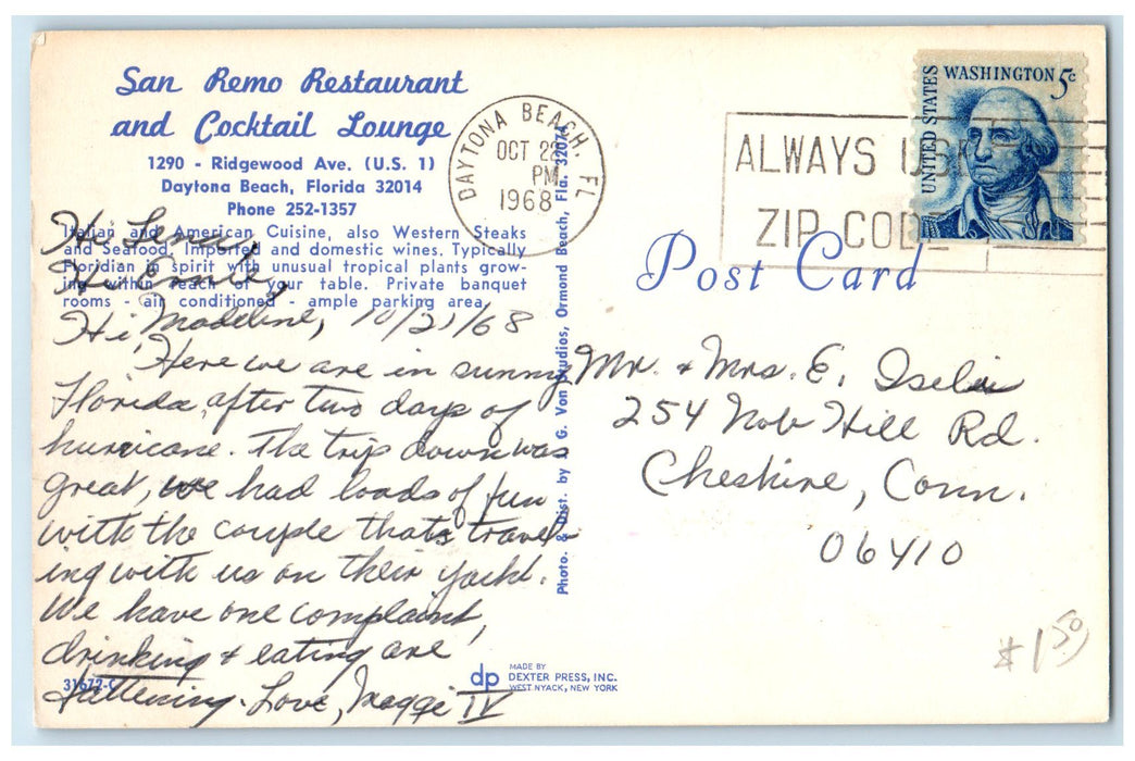 1968 San Remo Restaurant And Cocktail Lounge Daytona Beach Florida FL Postcard