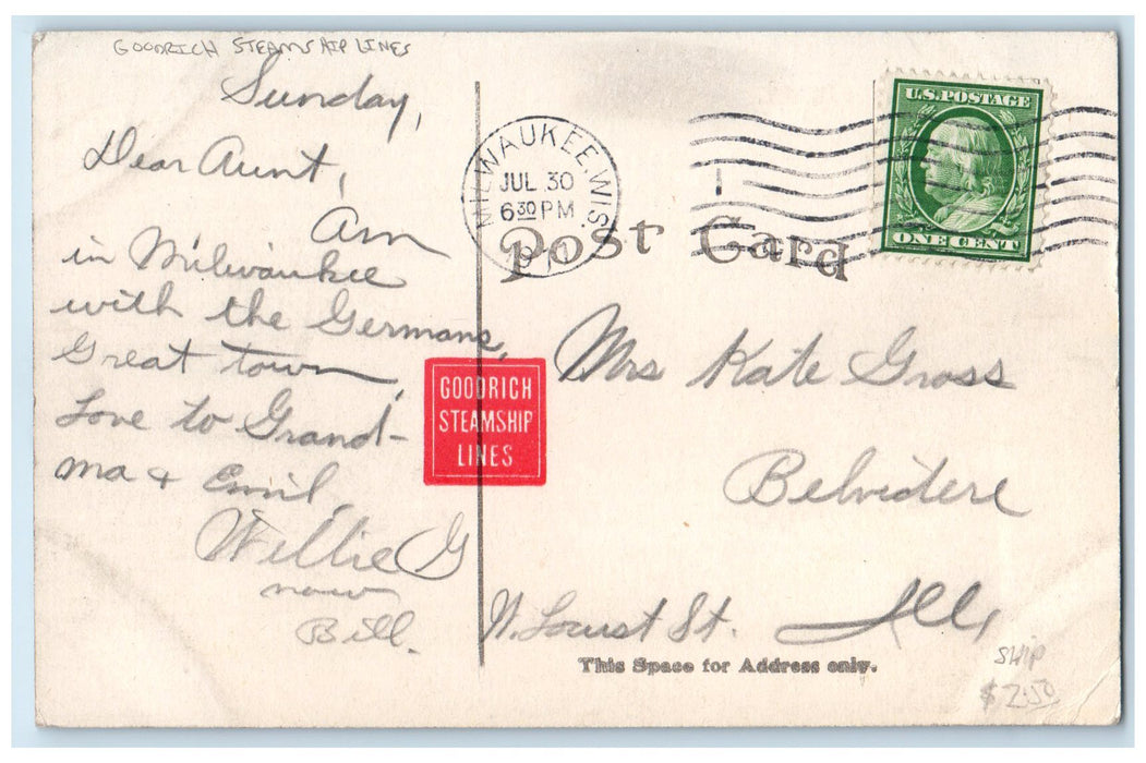 1911 Lake Park & Bridge Milwaukee Wisconsin WI Goodrich Steamship Lines Postcard