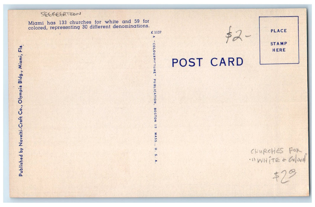 c1940's Trinity Methodist Church Segregation Building Miami Florida Postcard