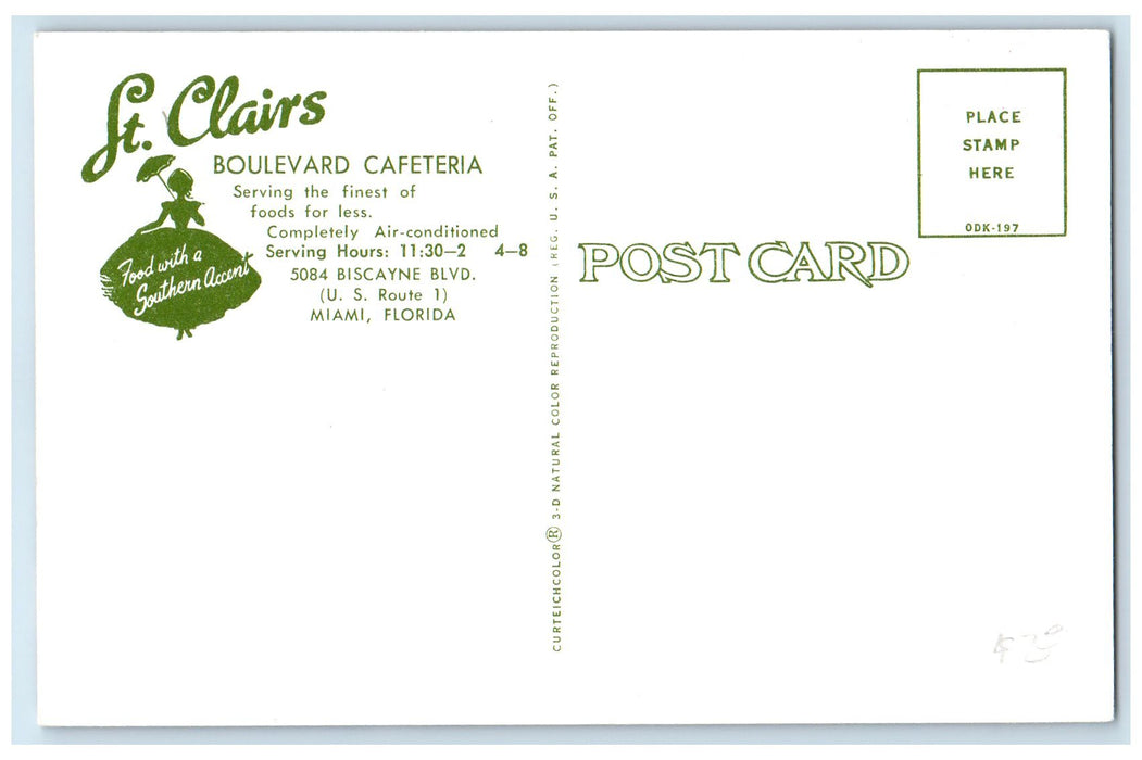 c1960's St. Clairs Boulevard Cafeteria Interior Miami Florida FL Tables Postcard