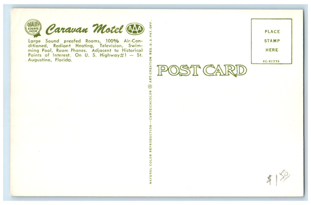 c1950's Caravan Motel & Restaurant Multiview St. Augustine Florida FL Postcard