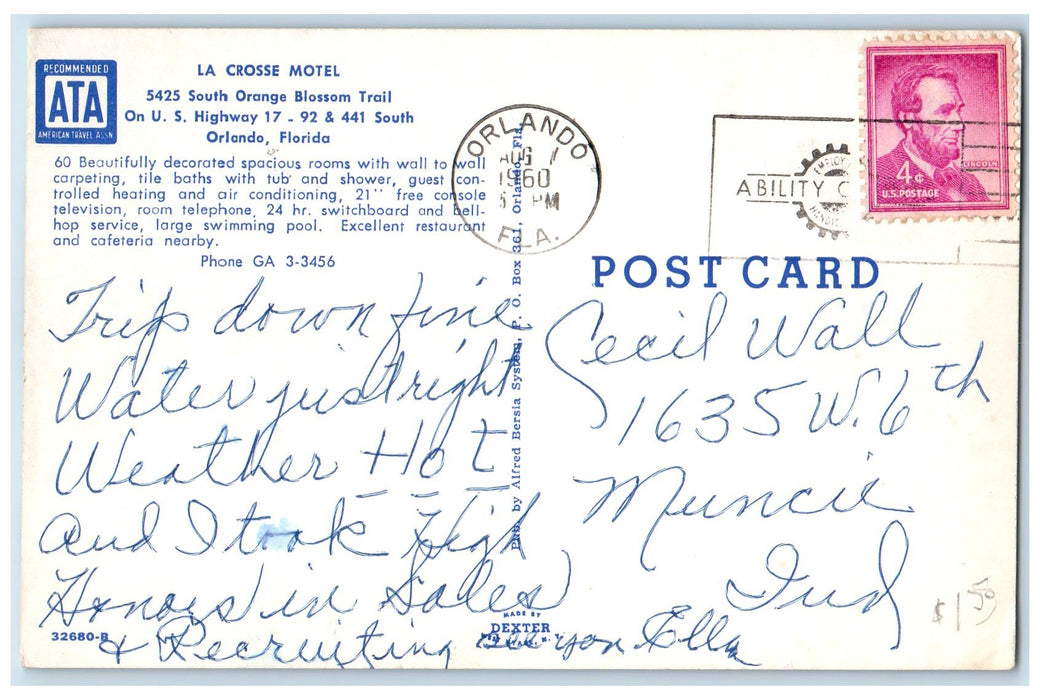1960 La Crosse Motel & Restaurant Multiview Orlando Florida FL Posted Postcard