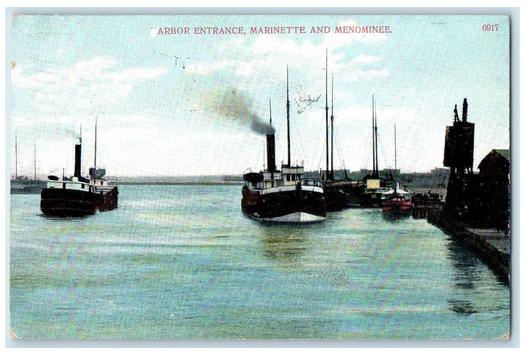 1911 Harbor Entrance Marinette And Menominee Michigan MI Steamships Postcard