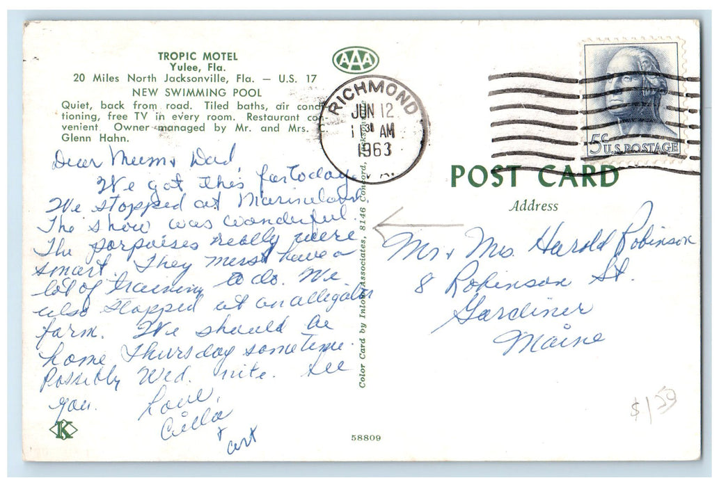 c1940's Tropic Motel And Restaurant Yulee Florida FL  Swimming Pool Postcard