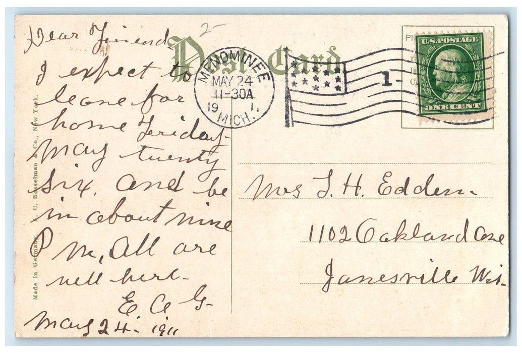 1911 Harbor Entrance Marinette And Menominee Michigan MI Steamships Postcard