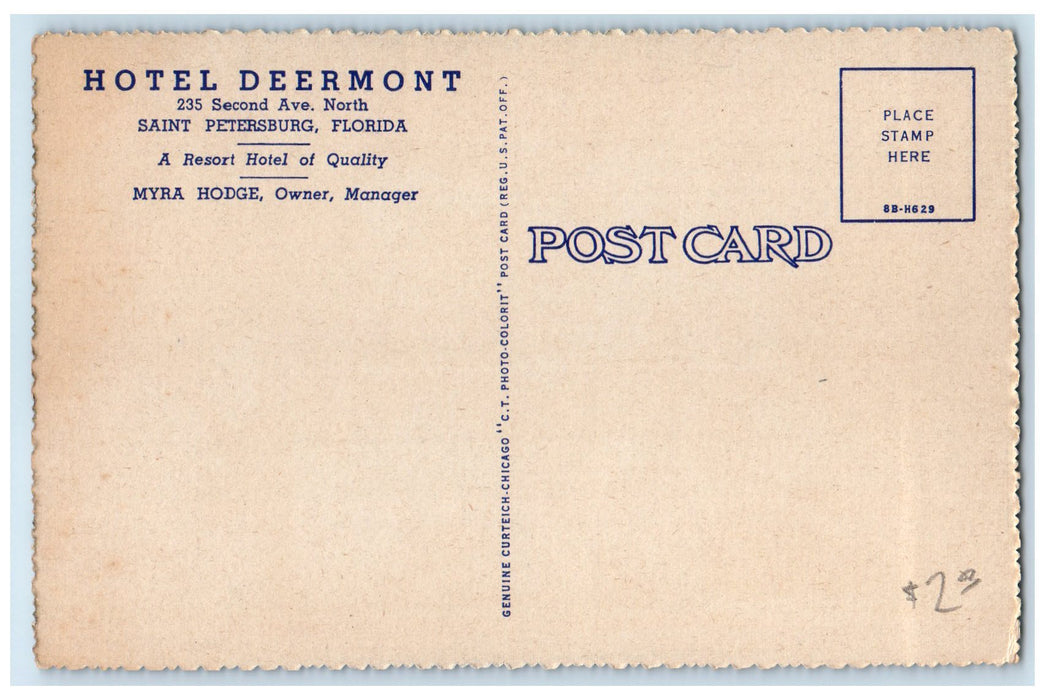 c1940's Hotel Deermont & Restaurant Classic Cars St. Petersburg Florida Postcard