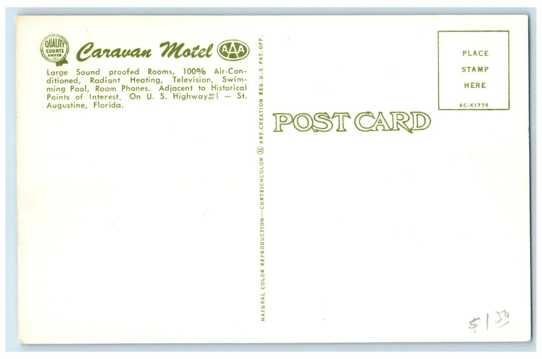 c1960's Caravan Motel Exterior St. Augustine Florida FL Swimming Pool Postcard