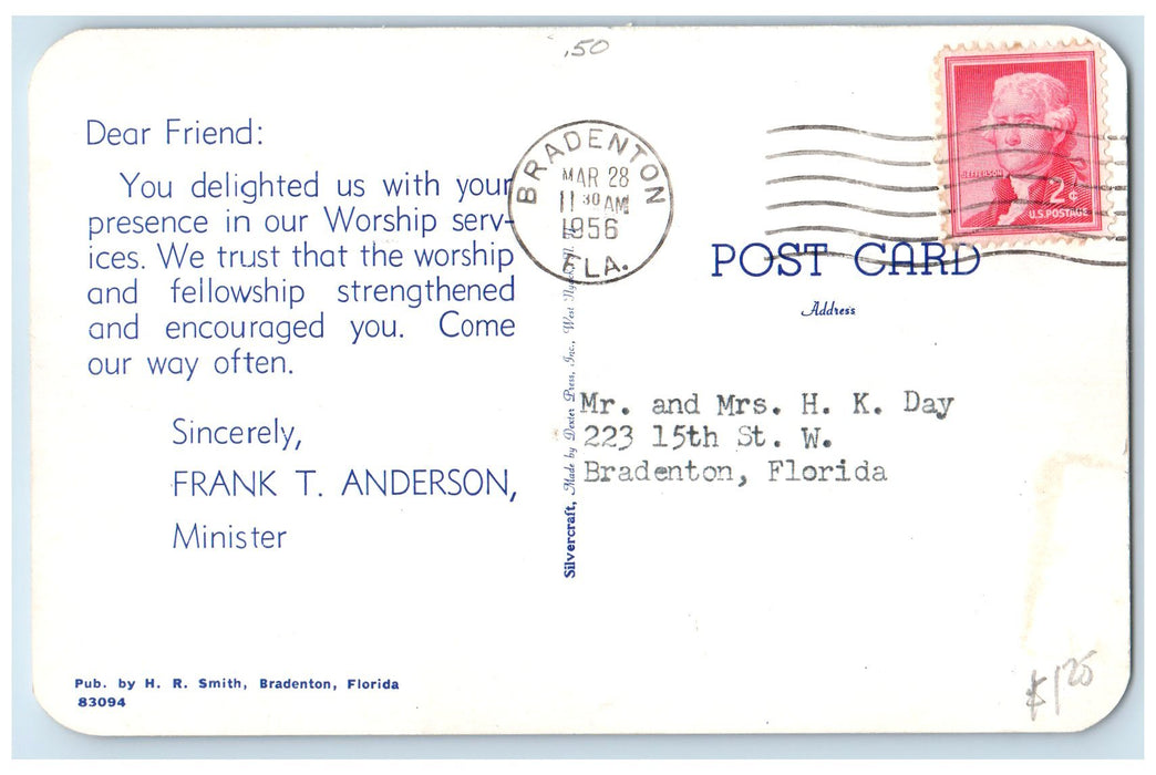1956 First Baptists Church Building Classic Car Tower Bradenton Florida Postcard