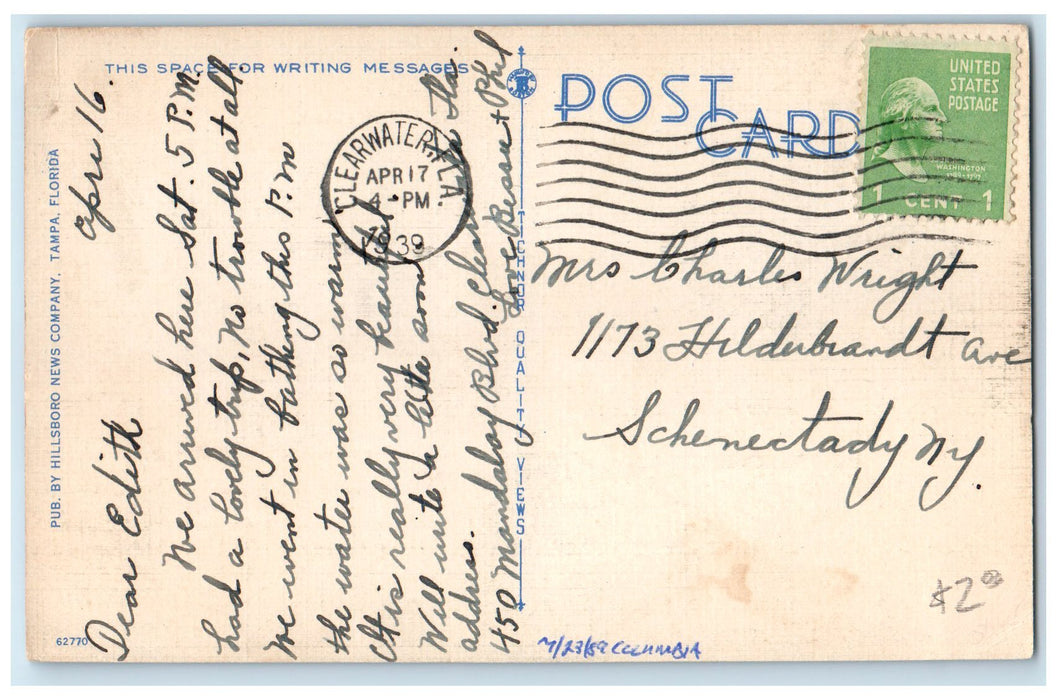 1939 Carlonel Yacht Club & Restaurant Cannon Ground Clearwater Florida Postcard