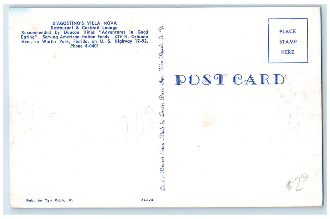 c1950 D'Agostinos Villa Nova Restaurant & Cocktail Winter Park Florida Postcard