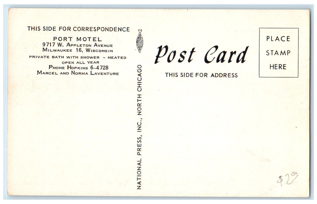 c1940's Port Motel Exterior Roadside Milwaukee Wisconsin WI Unposted Postcard