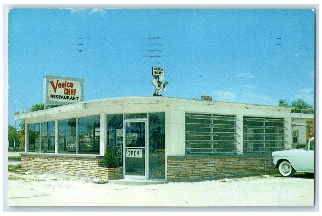 c1950's The Venice Chef Restaurant Building Entrance Car Venice Florida Postcard