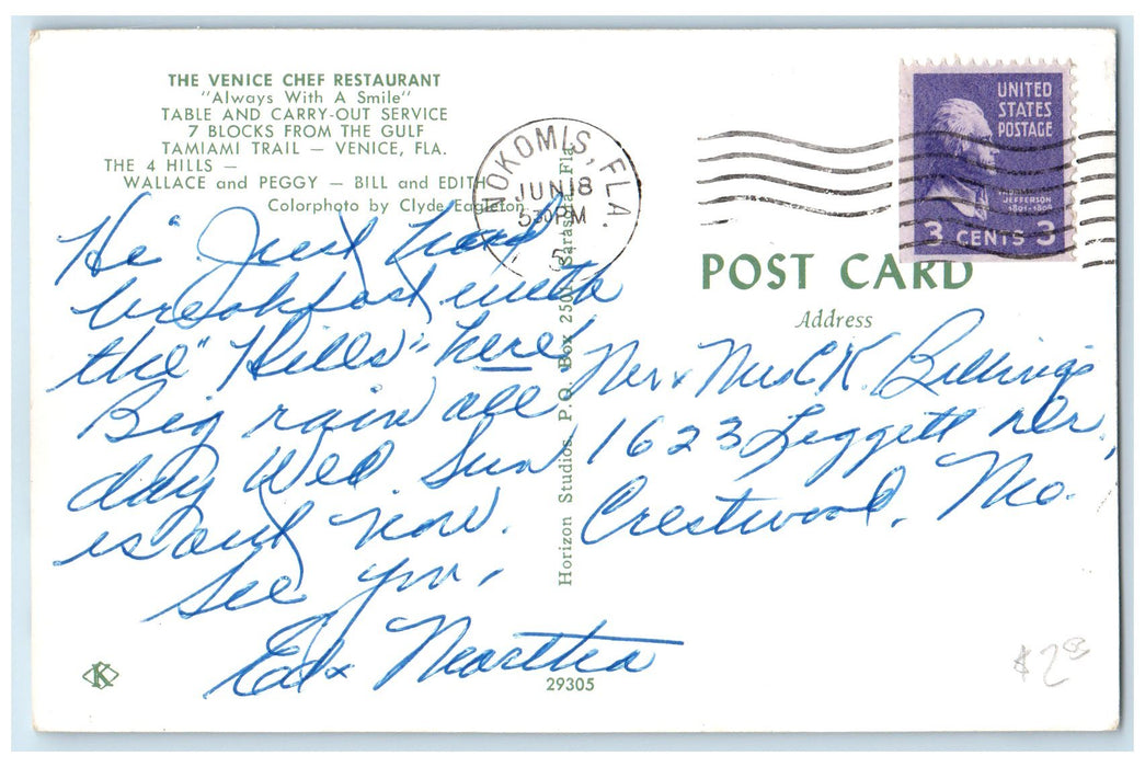 c1950's The Venice Chef Restaurant Building Entrance Car Venice Florida Postcard
