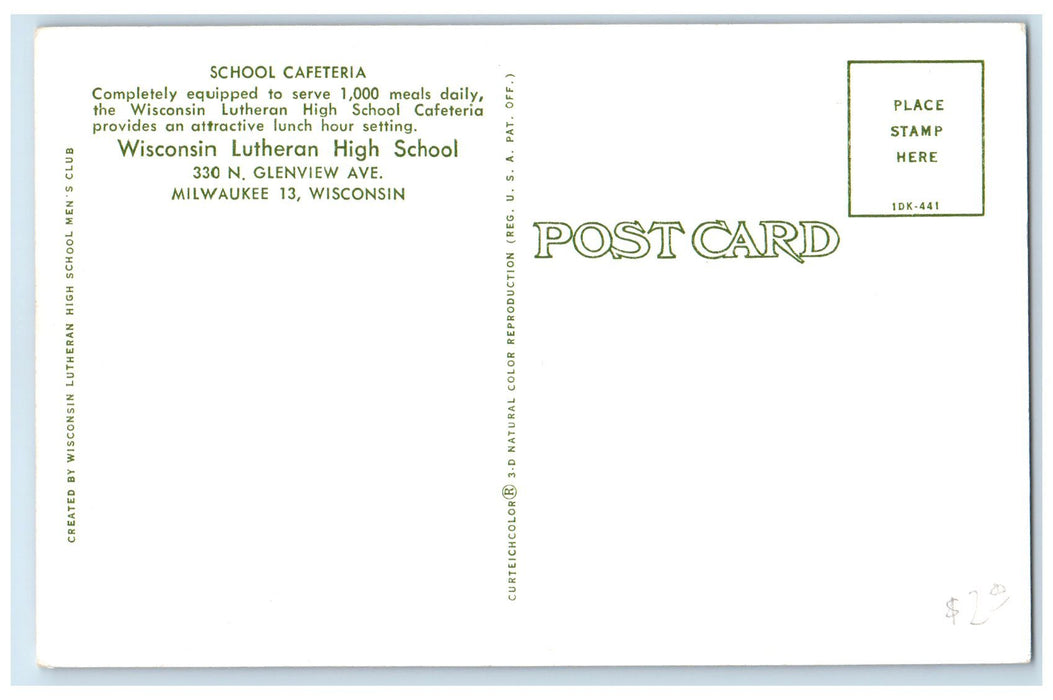c1960's Wisconsin Lutheran High School Cafeteria Milwaukee Wisconsin WI Postcard