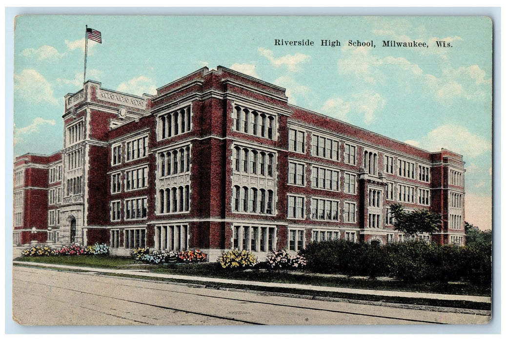 c1910's Riverside High School Exterior Roadside Milwaukee Wisconsin WI Postcard