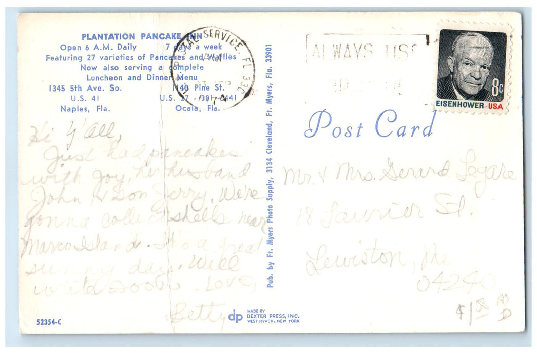 1974 Plantation Pancake Inn Exterior Naples Florida FL Posted Signage Postcard