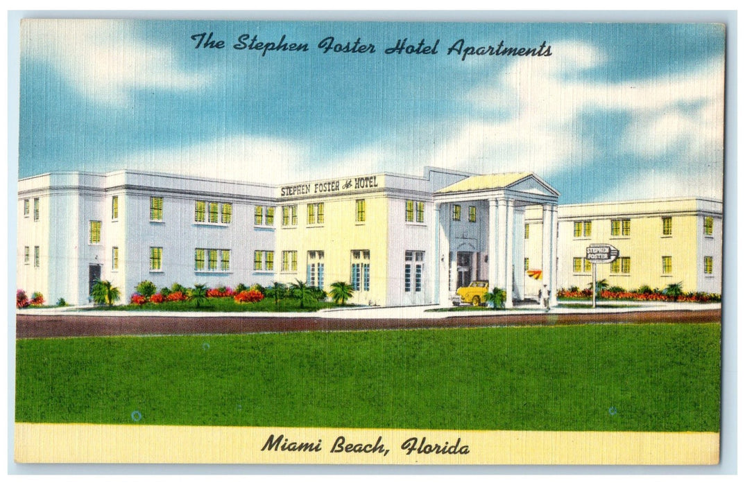 c1940's The Stephen Foster Hotel Apartments Miami Beach Florida FL Cars Postcard