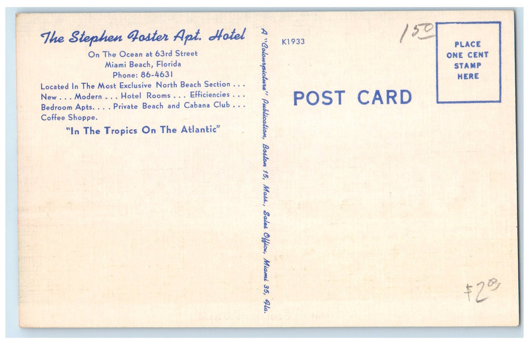 c1940's The Stephen Foster Hotel Apartments Miami Beach Florida FL Cars Postcard