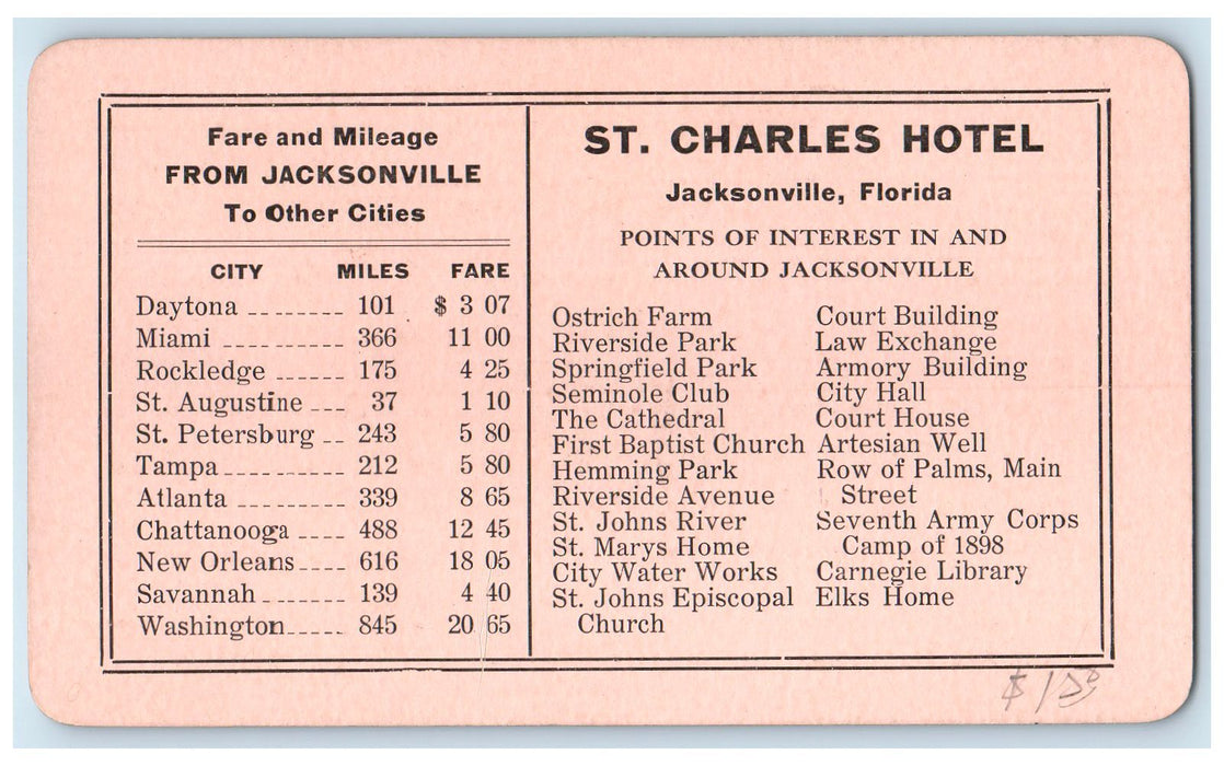 c1920 St. Charles Hotel Restaurant Fare & Millage Jacksonville Florida Postcard